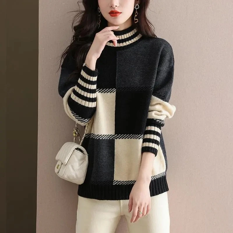 Women\'s Jumper Plaid Patchwork Turtleneck Sweater Autumn Winter Loose Casual Long Sleeve Thick Knitted Top Female Wool Knitwear