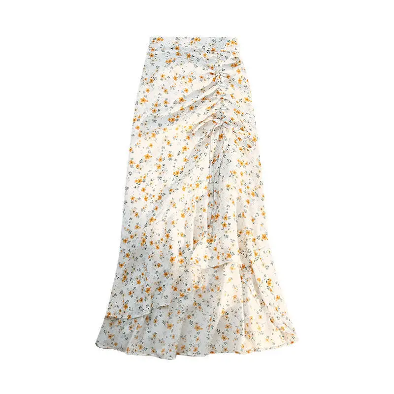 Women Floral Irregular Fishtail Skirt Summer High Waisted Slim Shirring Loose Lacing Casual All-match Lady Chiffon Skirt Fashion