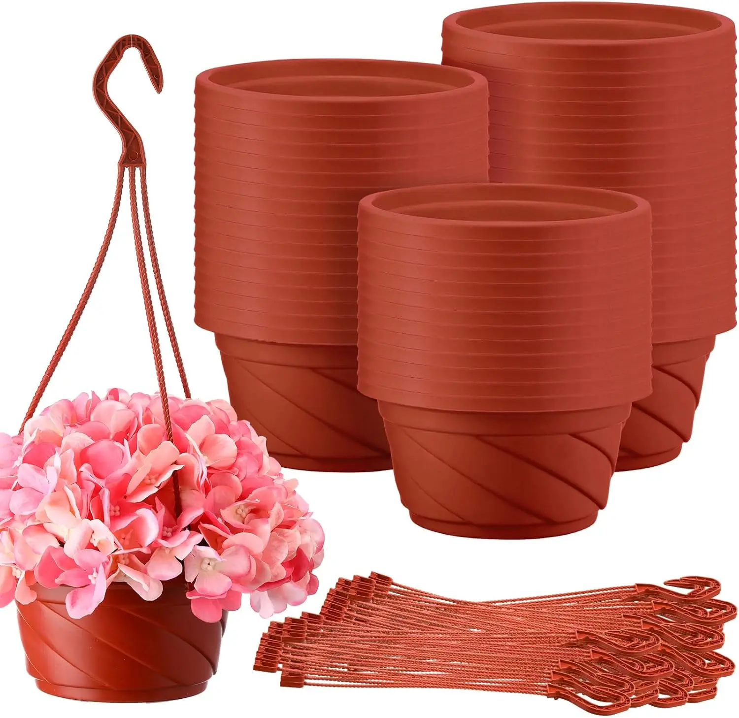 

50 шт. круглых пластиковых подвесных кашпо с крючком для декора сада (для использования в помещении и на улице), цвет кофе