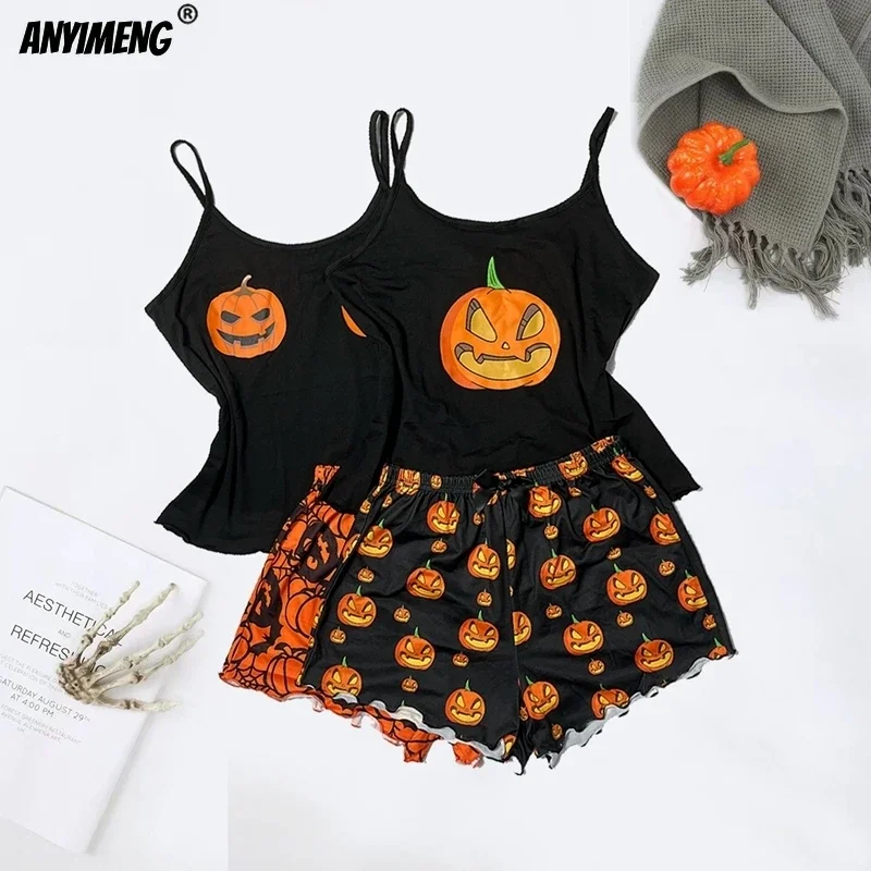 2PCS Set HOT Halloween Cute Prumpkin Party Nightie Spaghetti Strap Pajamas Women Tank Top Shorts Sexy Lingerie Sleeveless Pijama