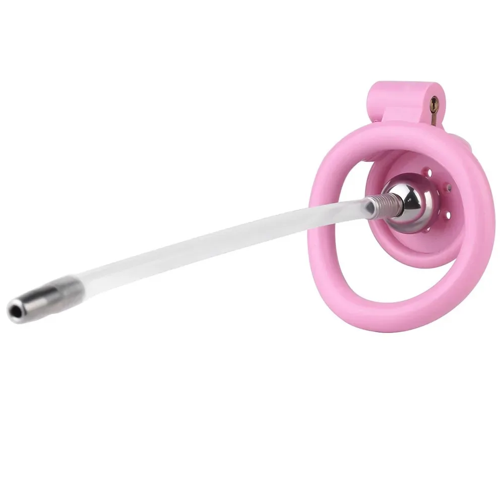 Gaiola de castidade com botão de resina, gaiola plana com trava invertida, cateter uretral removível, anel peniano de 4 tamanhos, brinquedo sexual sissy masculino