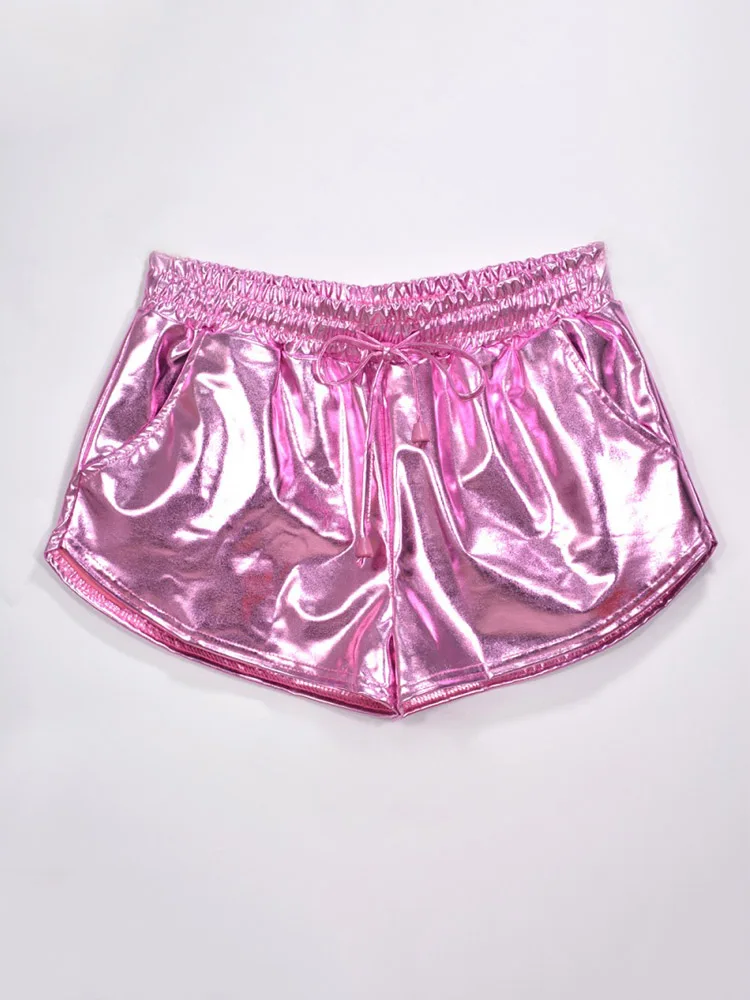 Women Shiny Metallic Hot Shorts 2023 Summer Holographic Wet Look Casual Elastic Drawstring Festival Rave Booty Shorts