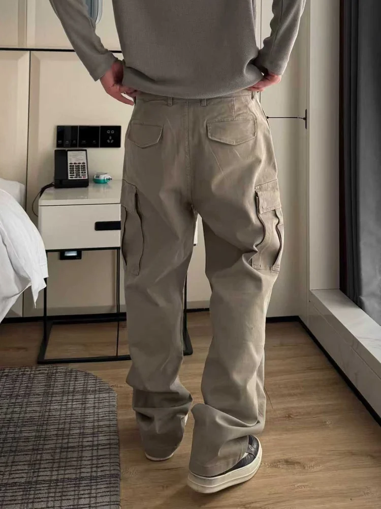 

AUSCUP American Sle Carbon Fiber Brued Elastic Vintage Straight Leg Pleated Work Trousers Loose Multi-ket Casual Autum...