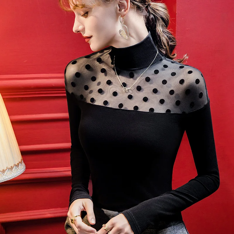 MadBlack-Women's Flocking T-Shirt, Sexy Turtleneck Dot Patchwork Tops, Streetwear Long Sleeve Slim Tee, Autumn Winter T4N942CC