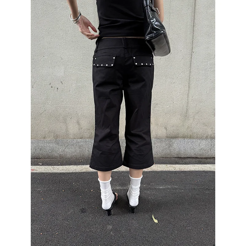 Benuynffy Retro Low Waist Rivet Flared Pants Women 2026 Summer New Korean Fashion Street Slim Fit All Match Female Capri Pants