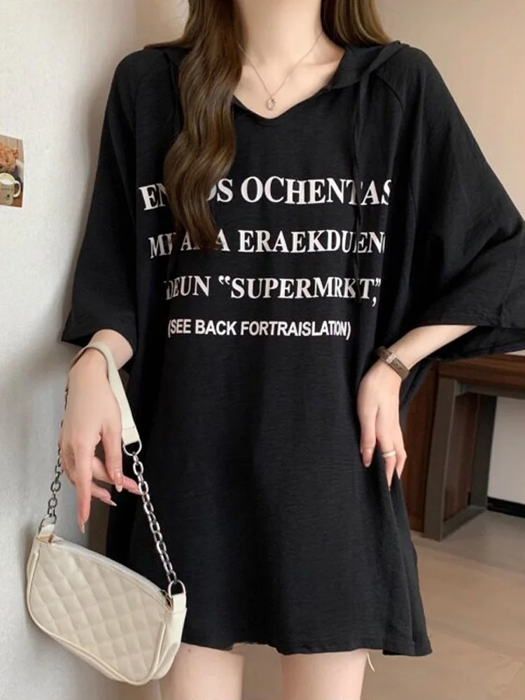 Women's Ice Silk Short Sleeve T-Shirt Design Sense Hooded Mid-Length Loose Fit Summer Casual Top Large Size Cover Butt