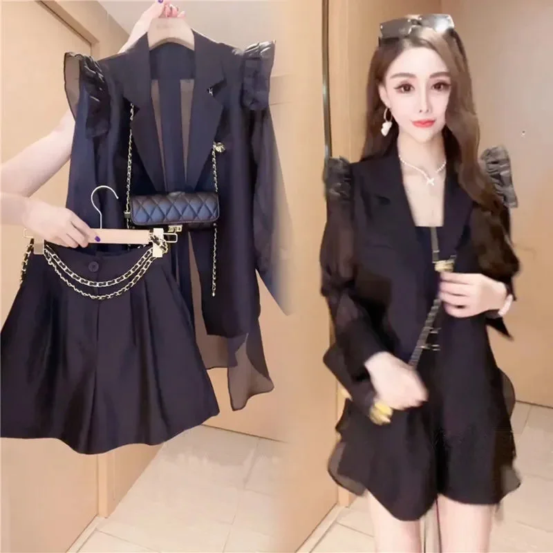 

Sets Women's Summer New Contrast Design Suit Jacket Temperament Age-reducing Slim Shorts Two-piece Suit Splicing JJ1001