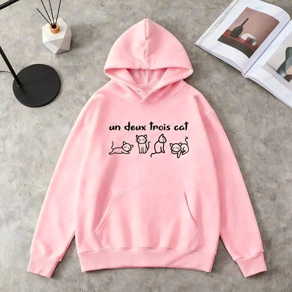 Un Deux Trois القط البلوز القط عاشق هدية الملابس لطيف تصميم بسيط المرأة الحياة اليومية هوديس غير رسمية الترفيه ملابس مطبوعة