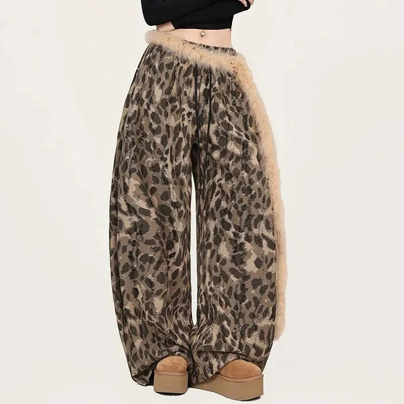 

Корейские брюки для джазовых танцев с леопардовым принтом, женские свободные повседневные широкие брюки для ленивых, американские винтажные уличные спортивные штаны в стиле хип-хоп