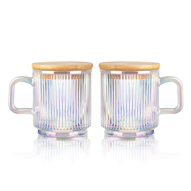 2Pc Glass Coffee Cup With Lid Glass Coffee Mugs Ribbed Coffee Glasses With Handle For Latte Cappuccino Tea Milk