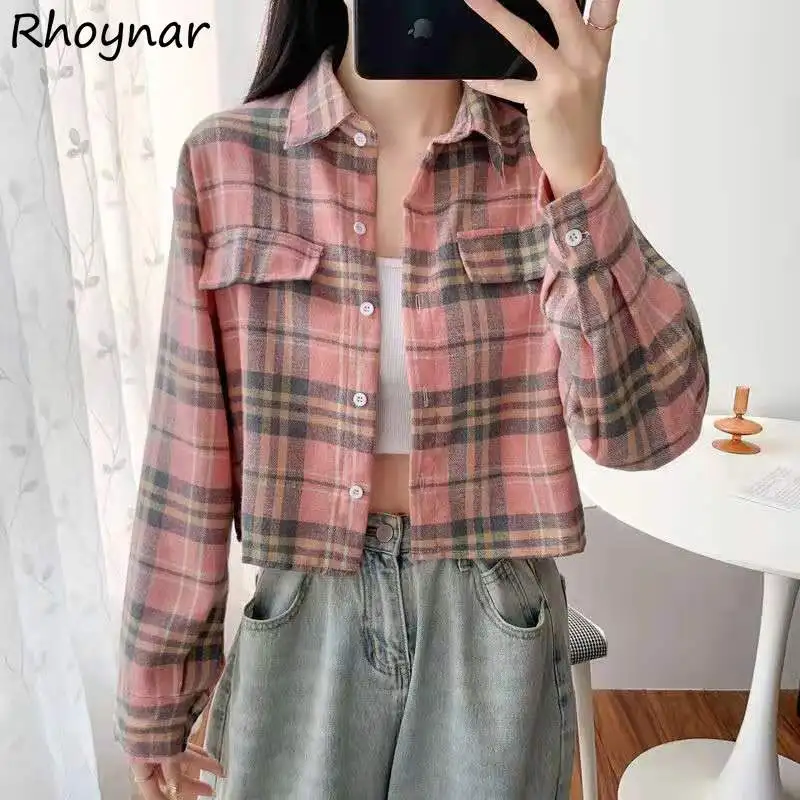 

Brushed Plaid Shirts Women Crop Tops Vintage Fashion Buttons Korean Style Versatile Camisas Classic Spring Autumn New Streetwear