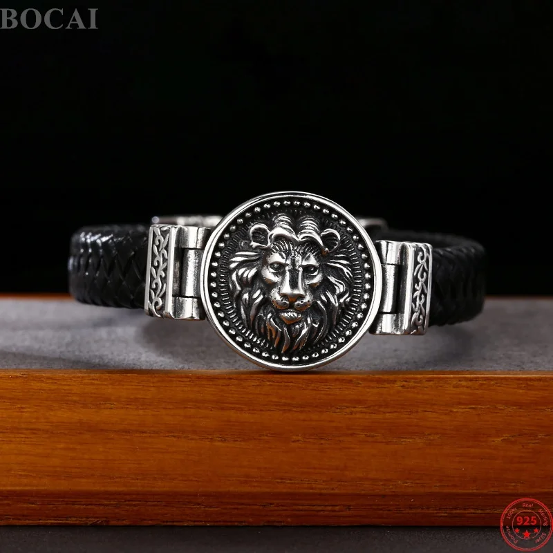 BOCAI New S925 Sterling Silver Charms Bangles for Men Antique Relief Lion Genuine Leather Bracelets Punk Fine Choice Jewelry