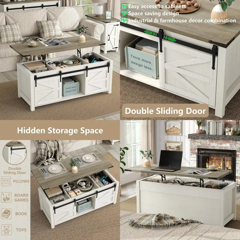 Table de cocktail blanche rectangulaire moderne avec portes coulissantes de grange et grand rangement pour le salon de style ferme