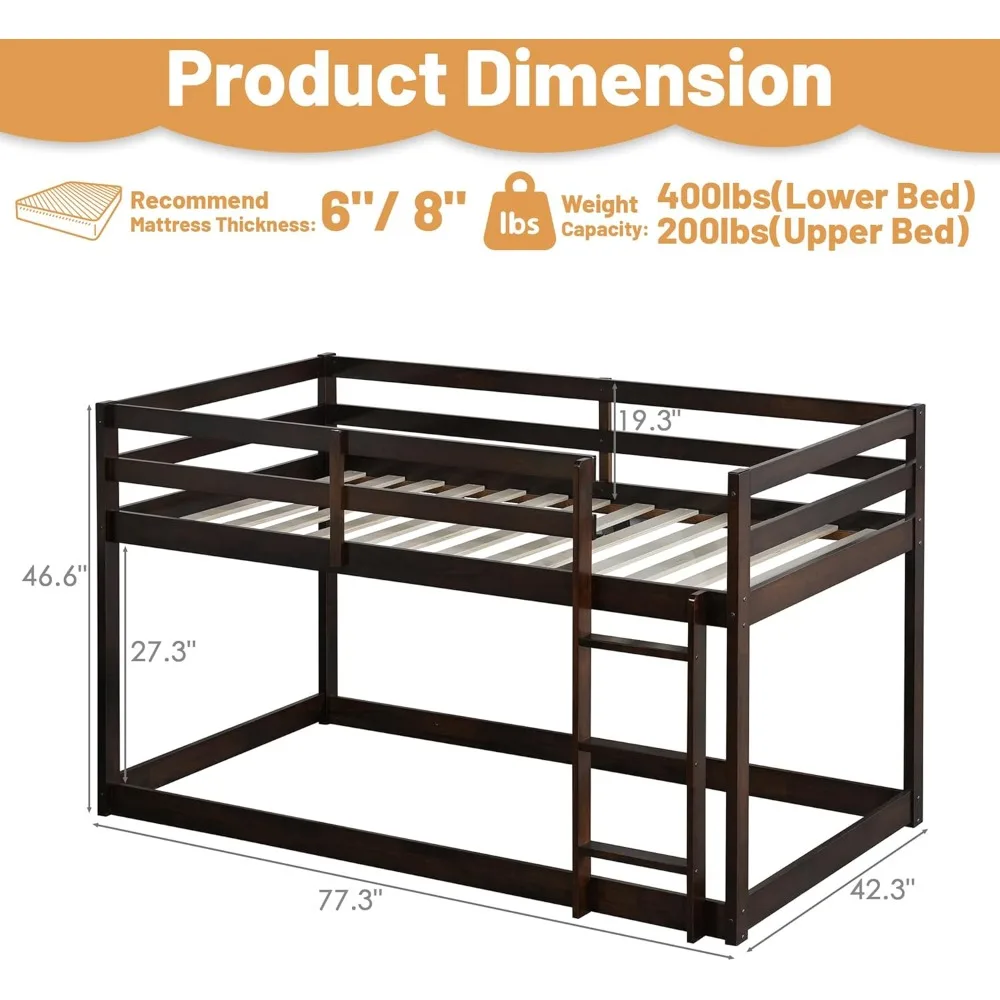 Stapelbed Twin Over Twin, Houten laag profiel vloer Twin stapelbedden met ladderleuningen voor kinderen, jongens en meisjes, geen boxspring nodig