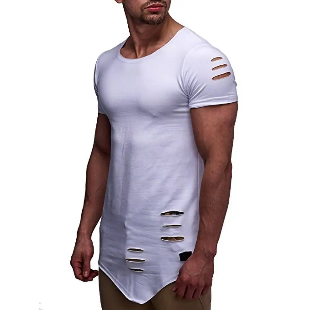 Trendy Men T-Shirt NEW O-Neck Short Sleeve Men\'s Irregular Hem Hole Ripped Tshirts Hip Hop Streetwear Tops Tees Slim Fit Appare