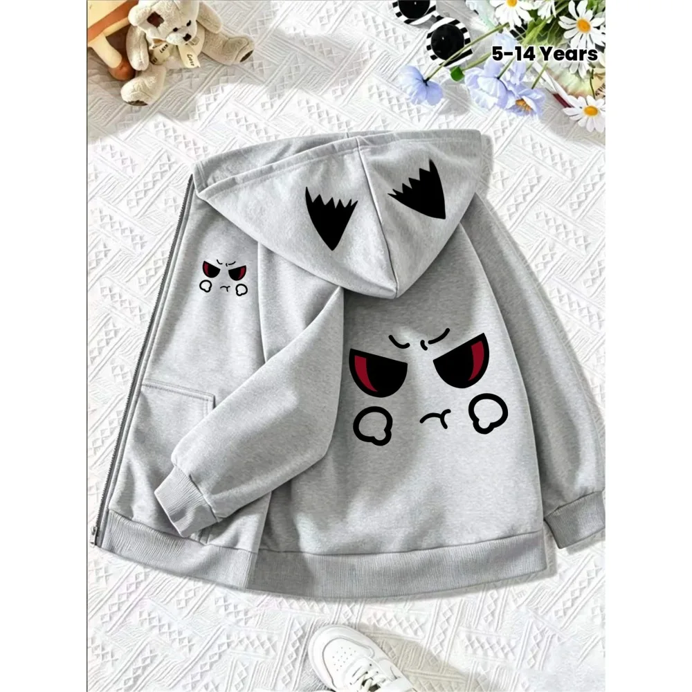 Kids Cute Angry Monster Face Print Zip Up Hoodie Cartoon Grumpy Expression With Horn Graphic Casual Kids Jacket