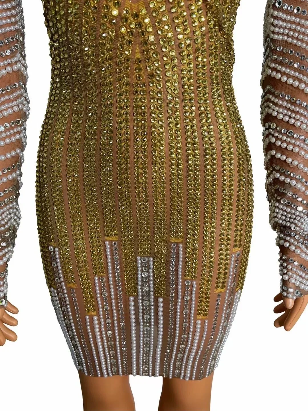 Gold Shining Rhinestones Pearls Sexy Long Sleeves Sheath Dress For Women Nightclub Party Clothing Birthday Prom Stage Costume