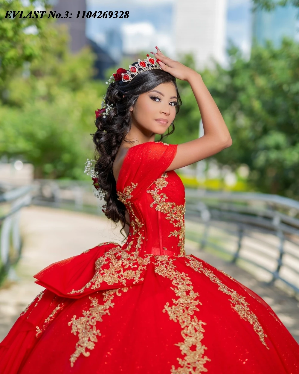 EVLAST ที่กําหนดเองเม็กซิกันสีแดง Quinceanera Ball Gown ทอง Applique ประดับด้วยลูกปัดโบว์รัดตัวหวาน 16 Vestido De 15 Anos E3Q401