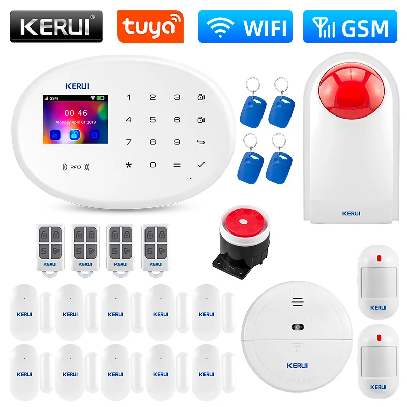 KERUI W202 경보 시스템, 와이파이 GSM 가전 제품 보안 보호, 투야 스마트 앱 지지대 알렉사, 동작 감지기 RFID 카드 포함 