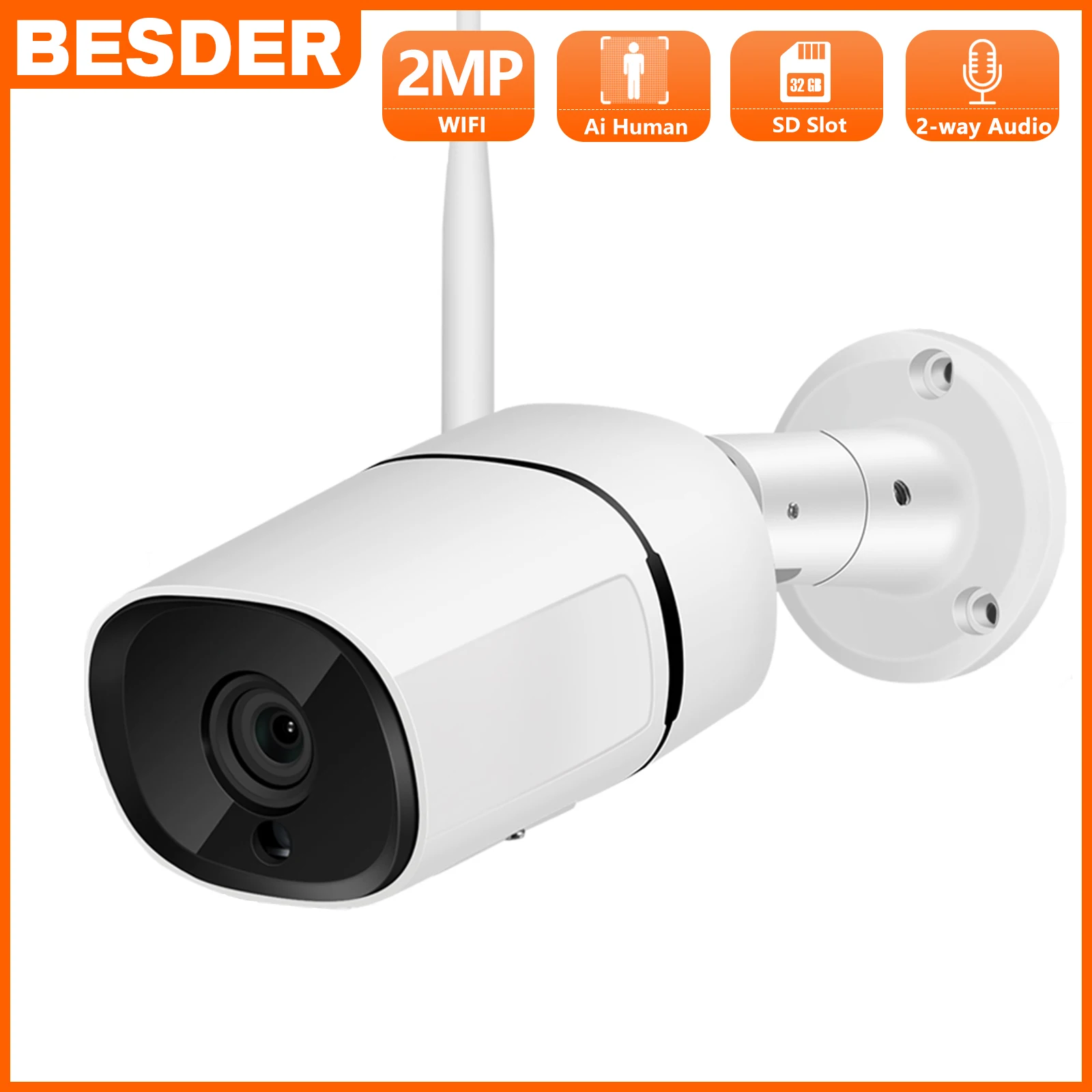 BESDER 2MP Waterproof Bullet IP Camera IR Night Vision P2P Metal Case 1080P Wireless WiFi Camera With TF Card Slot 2-Way Audio