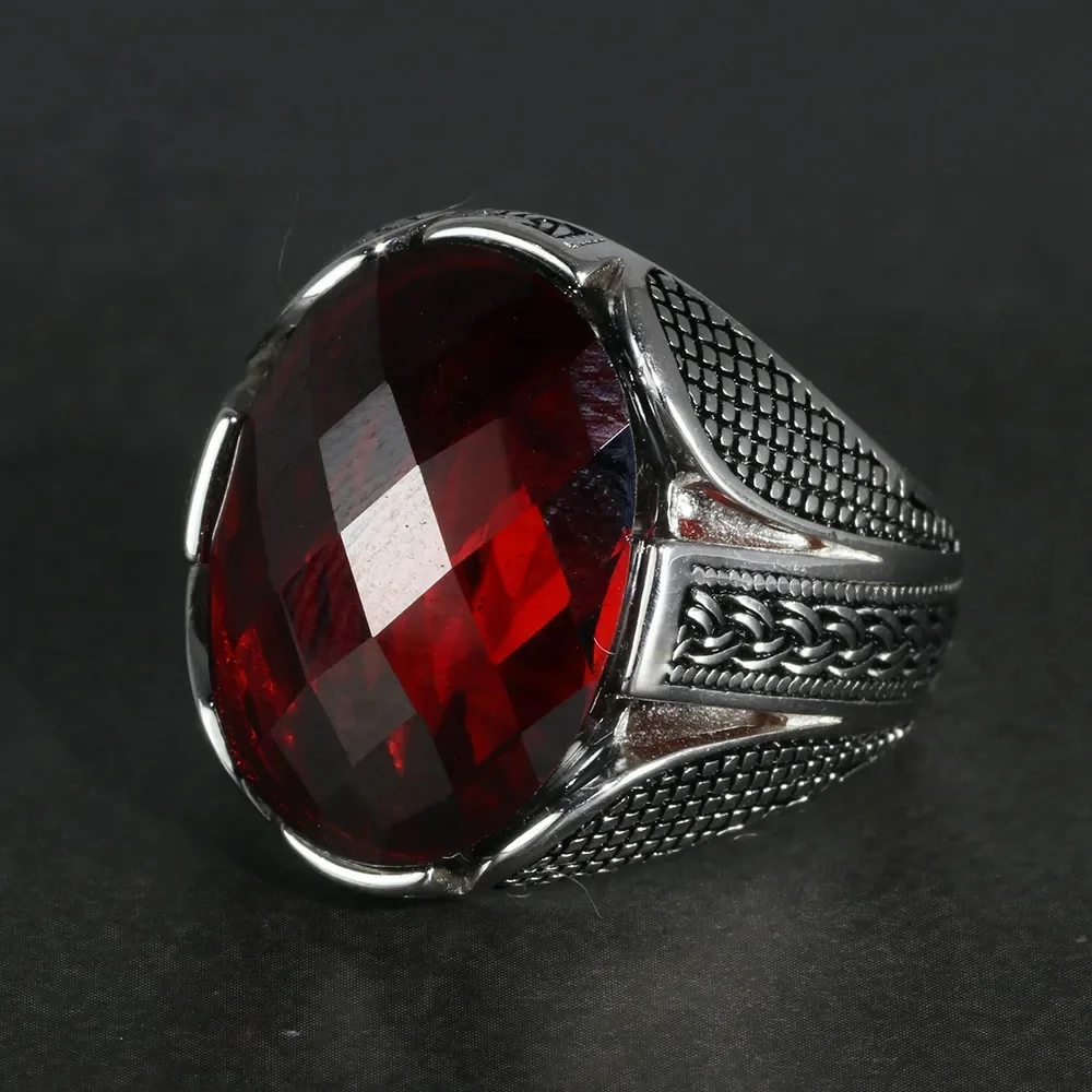 Real Pure 925 Sterling Silver Rings With Red Color Zircon Stone Faceted Wedding Rings For Men Vintage Turkish Jewelry