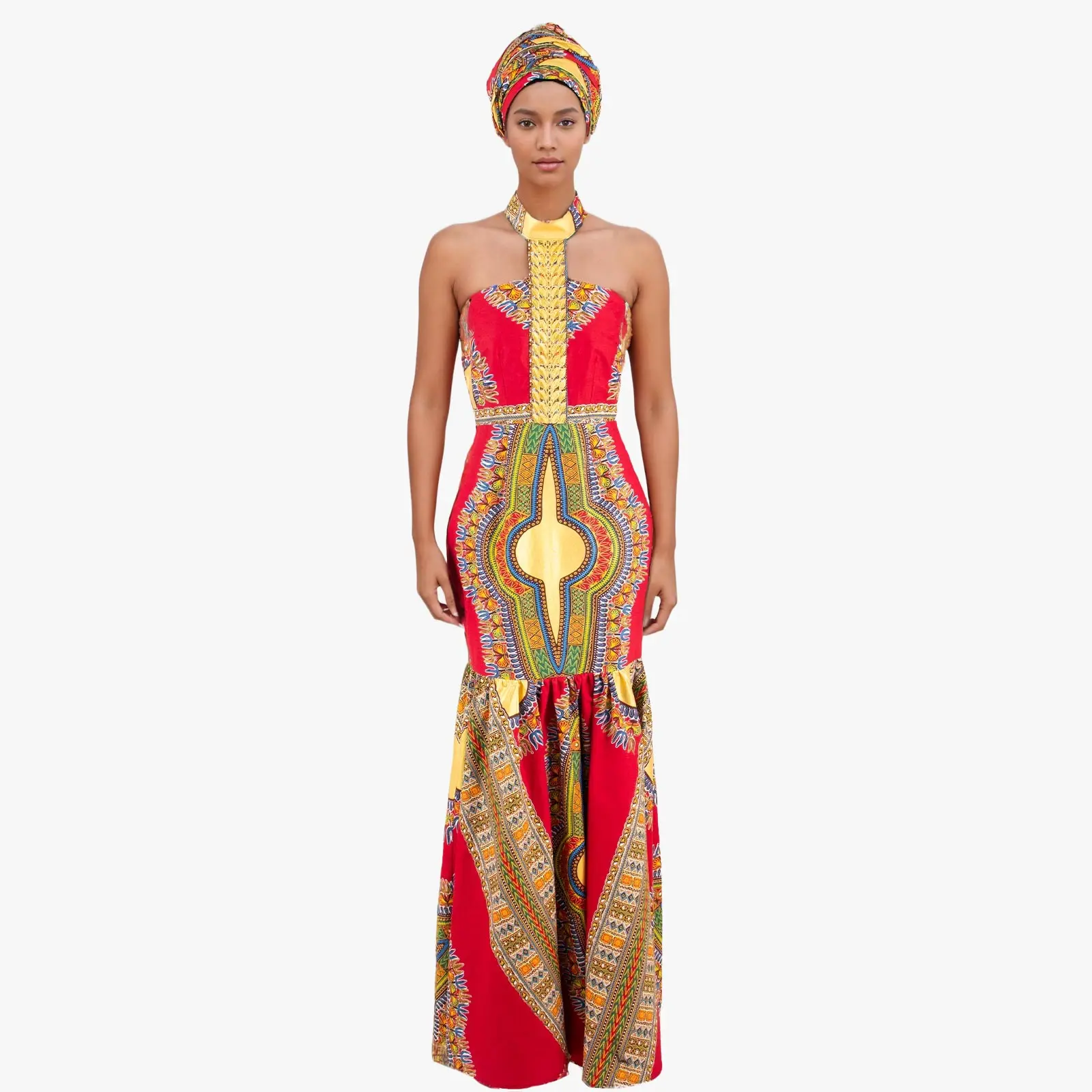 African Party Dresses for Women New Sexy Elegant Mermaid Dress Slim Shining Print Party Evening Gown with Turban Wedding 2425068