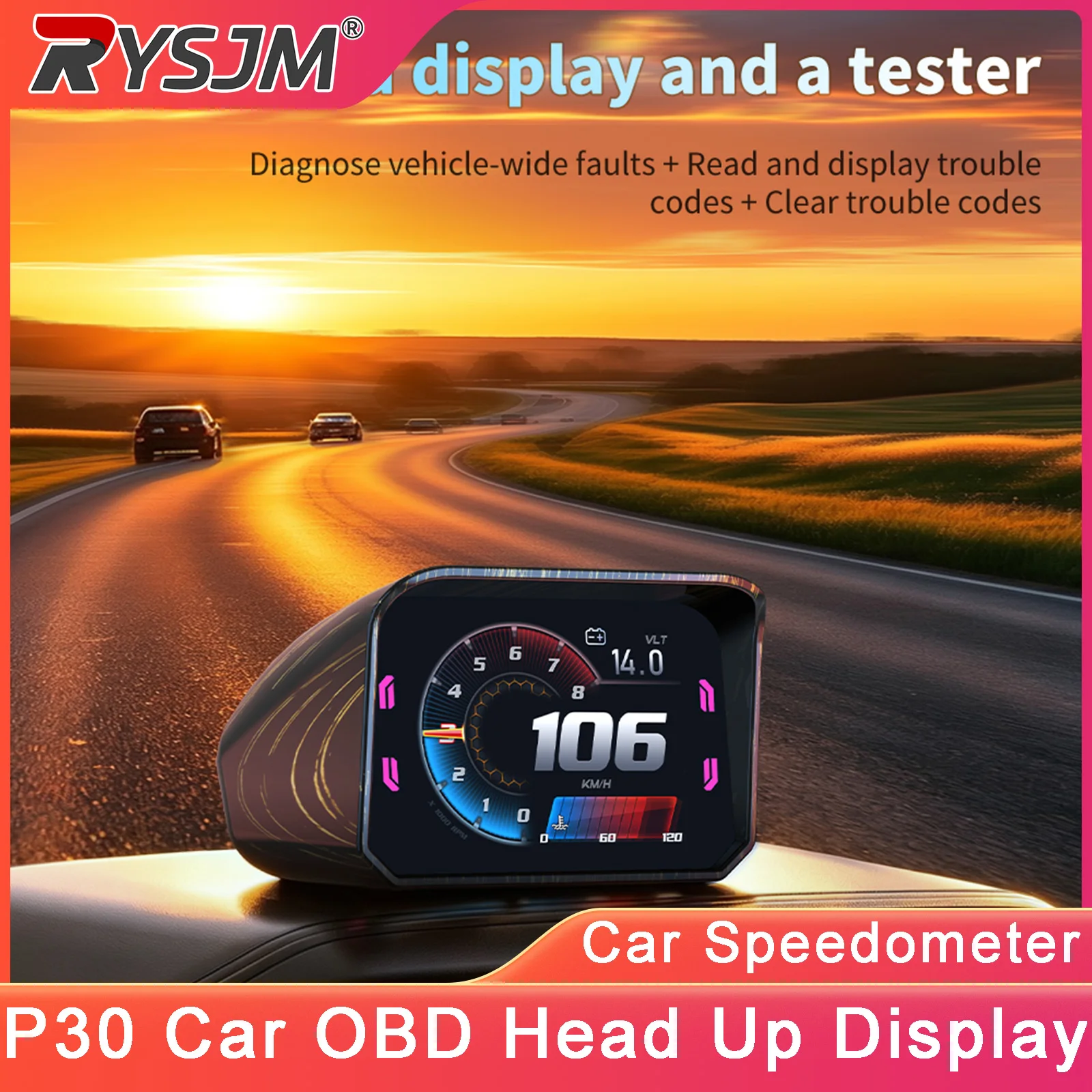 P30 OBD2 HUD Car Speedometer Head Up Display Car HUD Gauge Digital OBD2 Water Temp Voltage Gauge Meter With Overspeed Alarm