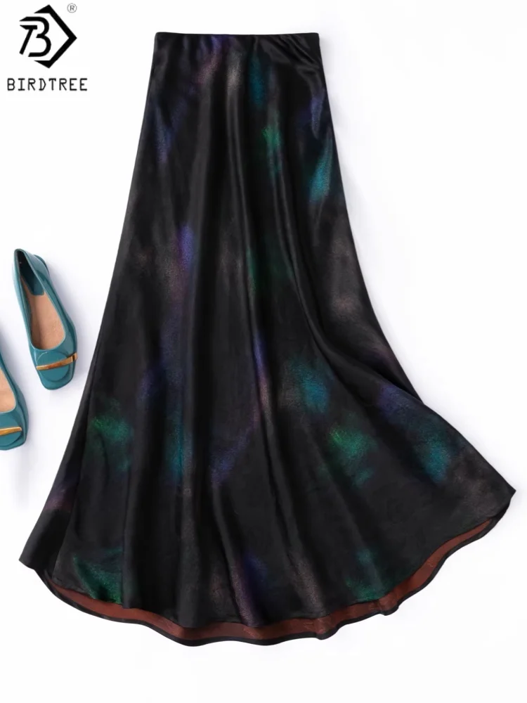 Birdtree, 100% Silk Jacquard Skirt, Bias-cut, Women's Gambiered Canton Gauze Fishtail Skirts, Elastic Waist, 2026 New D64503JF