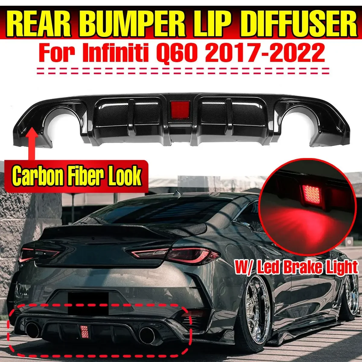 

High Quality Car Rear Bumper Diffuser Lip Spoiler with Led Brake Light For Infiniti Q60 2017-2022 Chassis Deflector Tunning Part