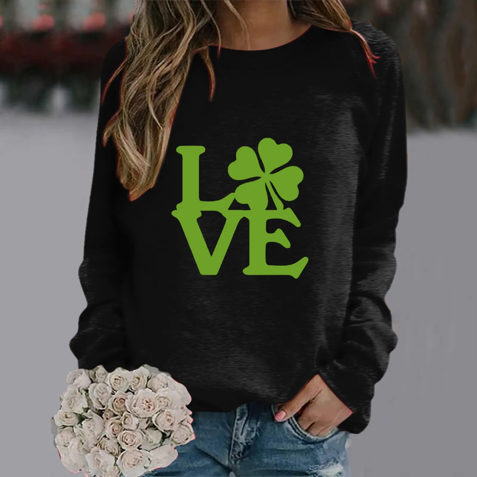 

Round Neck Pullover St Patricks Day Love Pattern Print Loose Casual Hoodless Sweatshirt Women Femme Hooded Basic Tops Shirts