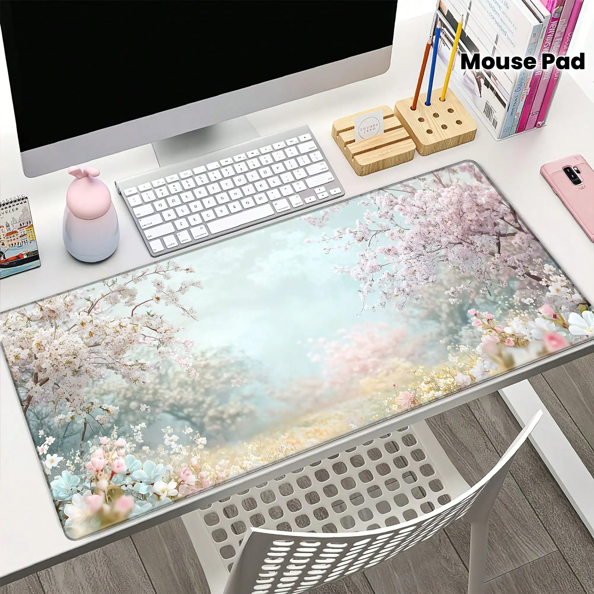 1pc Extra Large Cherry Blossom Mouse Pad With Non-Slip Rubber Base, Floral Forest Design, Extended Desktop Coverage, Ideal Holiday Gift