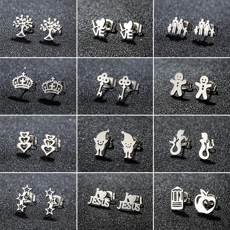 Cartoon Gingerbread Man Cookies Earring Multiple Stainless Steel Mermaid Jesus Crown Key Apple Stud Earrings Funny Jewelry Gift