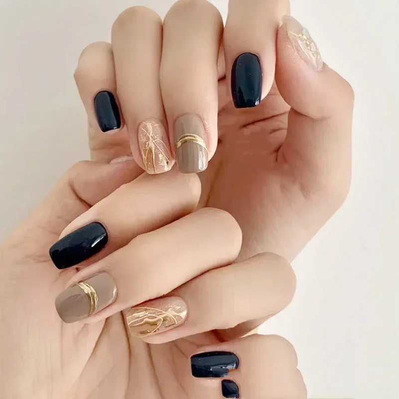 24pcs Coffee Milk Fake Nails Love Design False Nails Art Full Coverage Waterproof Artificial Press on Nail with Tools for Woman