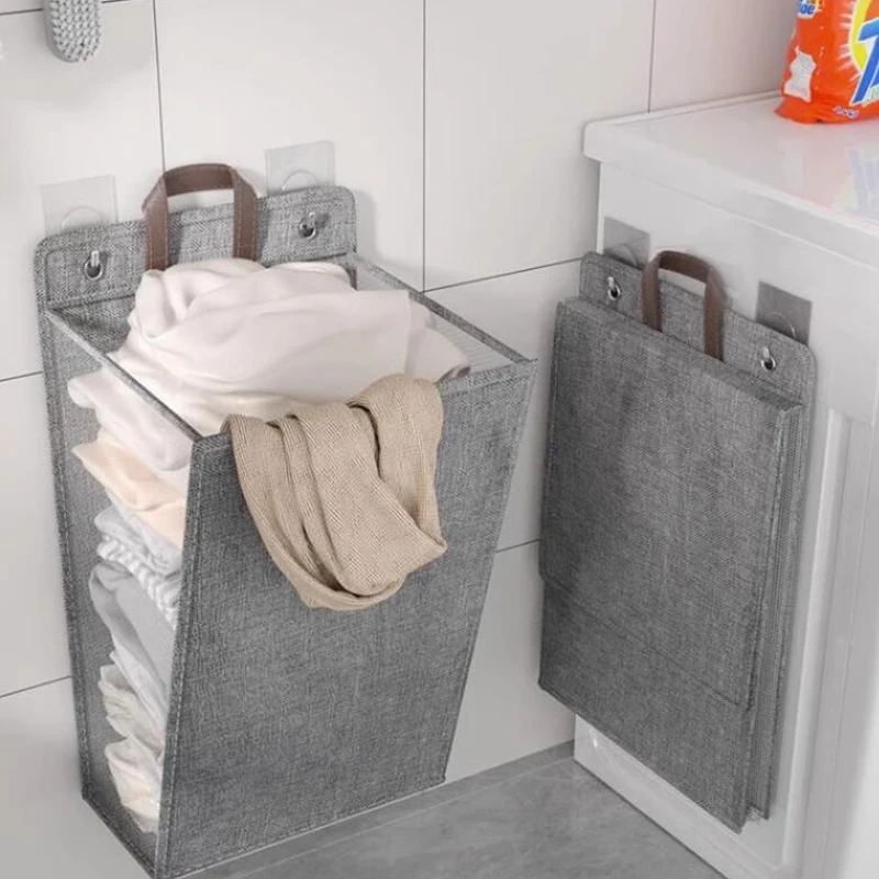 

Household Laundry Basket Hamper Foldable Adhesive Multifunctional Punch Free Wall Hanging Washing Clothes Mesh Hook Organizer