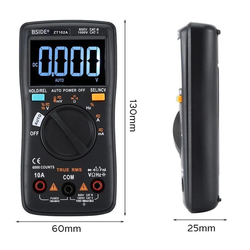 BSIDE ZT102A Digital Multimeter EBTN LCD True-RMS AC/DC Voltage Current Temp Ohm Frequency Diode Resistance Capacitance Tester
