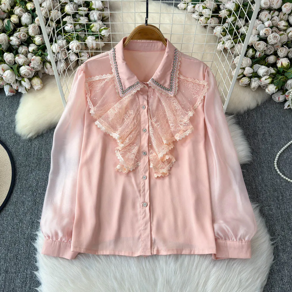 

Женский топ с длинными рукавами и бриллиантами, женские рубашки на зиму и осень с оборками, винтажная официальная блузка принцессы Лолиты, элегантная рубашка в дворцовом стиле
