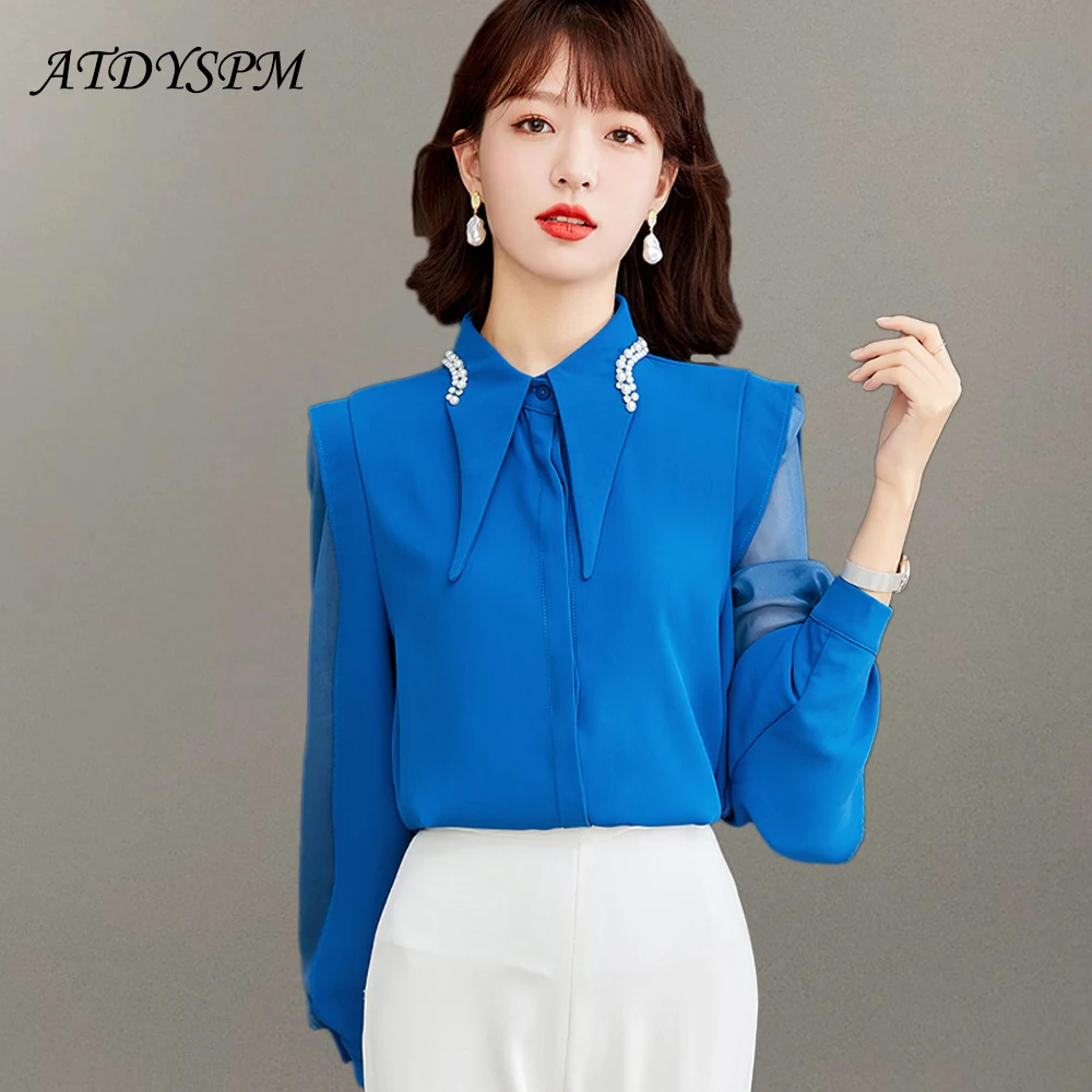 

Fashion Women Blouses 2023 Ladies Sexy Beaded Collar See-Through Sleeve Loose Chiffon Shirts Female Casual Tops Blusas Mujer