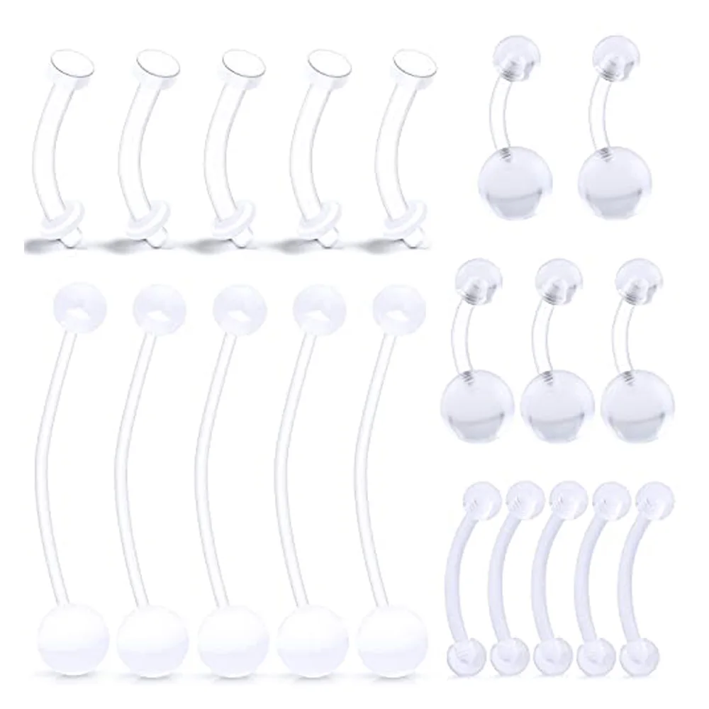 20pcs 14g Clear Belly Button Rings Pregnancy Bioflex Plastic Belly Ring Women Curved Barbell Navel Piercings Retainers