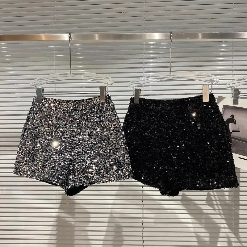 

Shine Sequined Black Women Shorts Summer Solid Sexy Wide Leg Elegant Female Clothing Top Quality