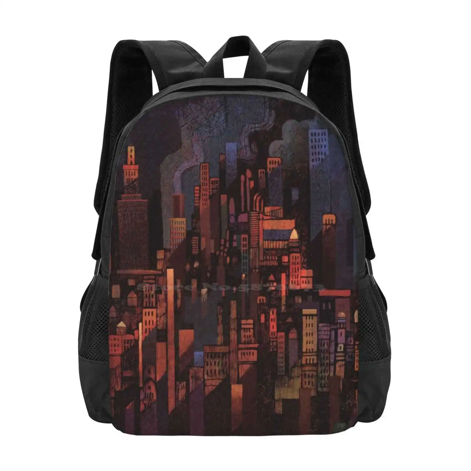 Dark City Pattern Design Bag Student'S Backpack City Dark Sunset Urban Fantasy Skyscrapers Orange Smoke