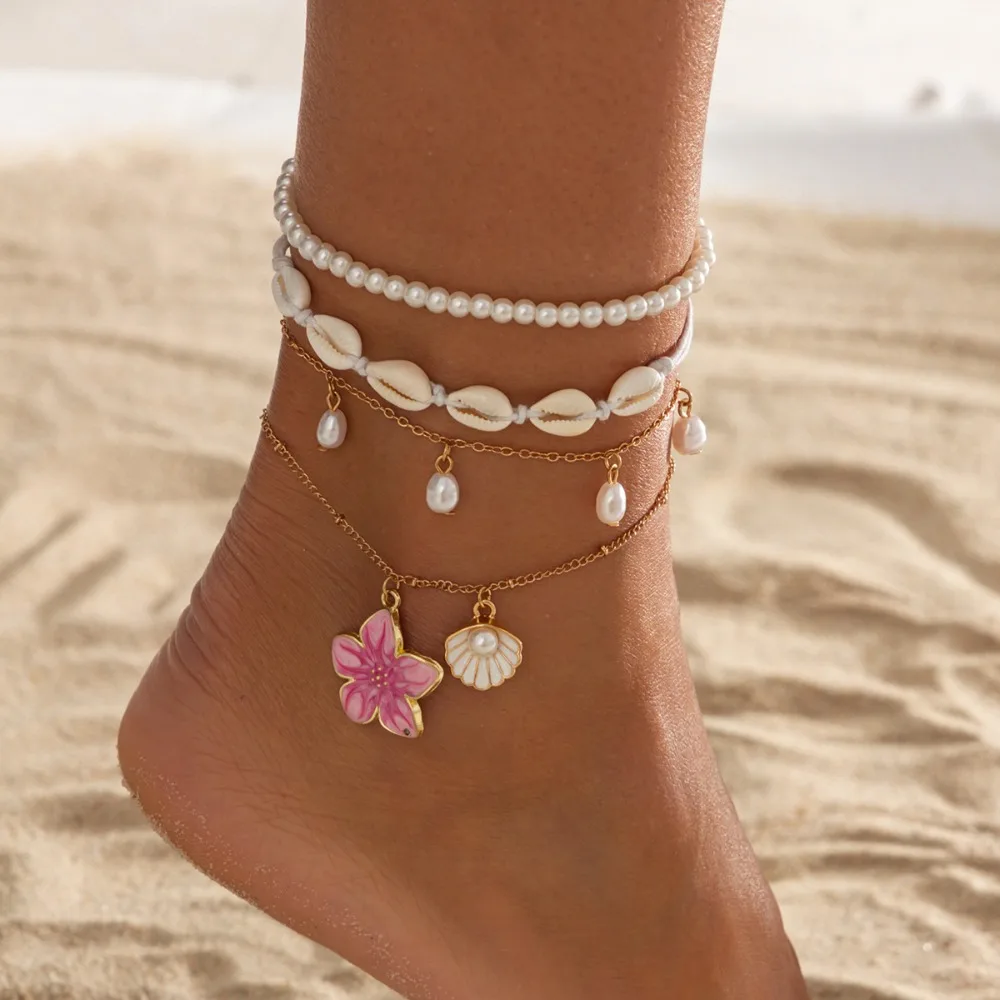 4pcs Set Summer Beach Pink Oil-dripping Flowers Scallop Pendant Pearl Shell Layered Anklets for Women Boho Vacation Foot Jewelry