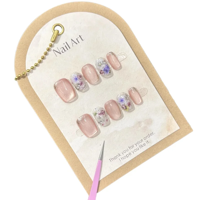 

Pure handmade cat's eye dried flower nail art hand-painted three-dimensional flower wearing nail small and fresh