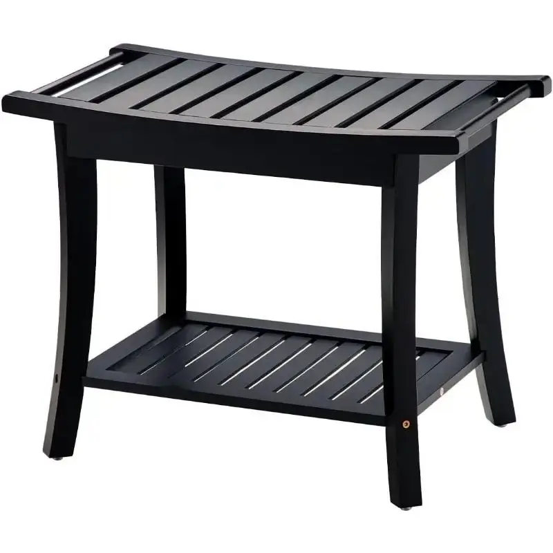 

Bamboo Shower Bench with Storage Shelf, 24" Black Shower Stool for Inside Shower Waterproof, Spa Seat Bath Stool Organizer