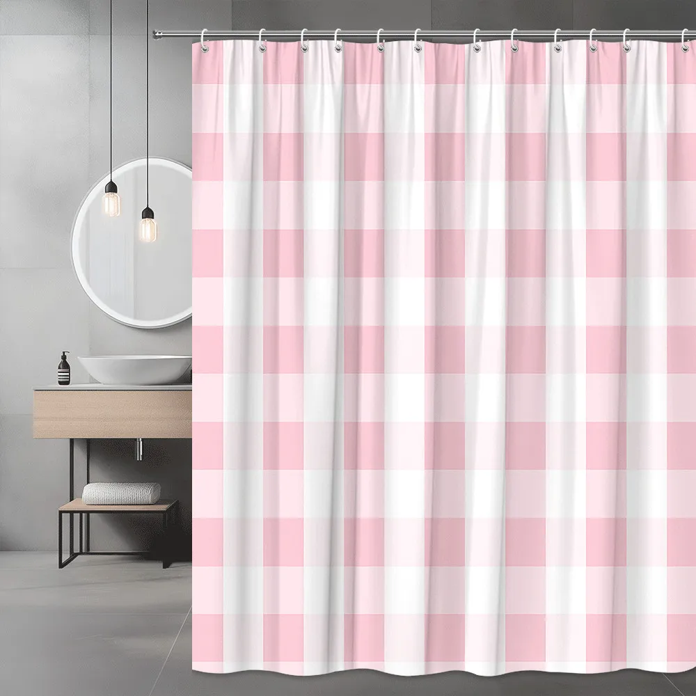 Elegant Pink White Gingham Check Plaid Shower Curtain Liner Polyester Waterproof Bathroom Shower Curtain for Modern Decor