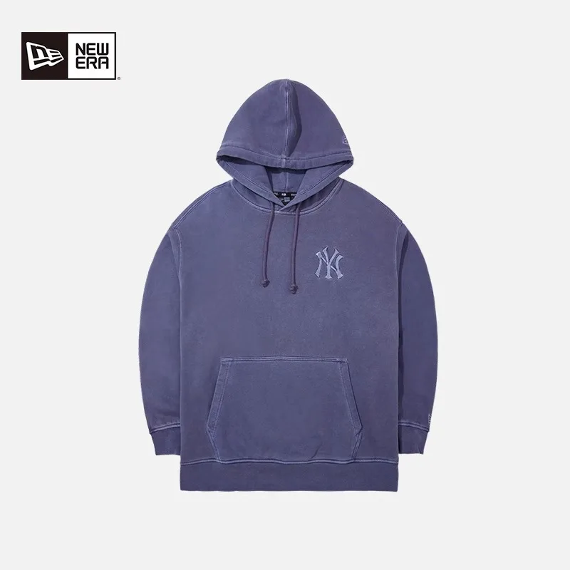 

New Era Mlb Washed Hooded Long-Sleeved Sweatshirt for Men and Women, Navy Blue, Beige