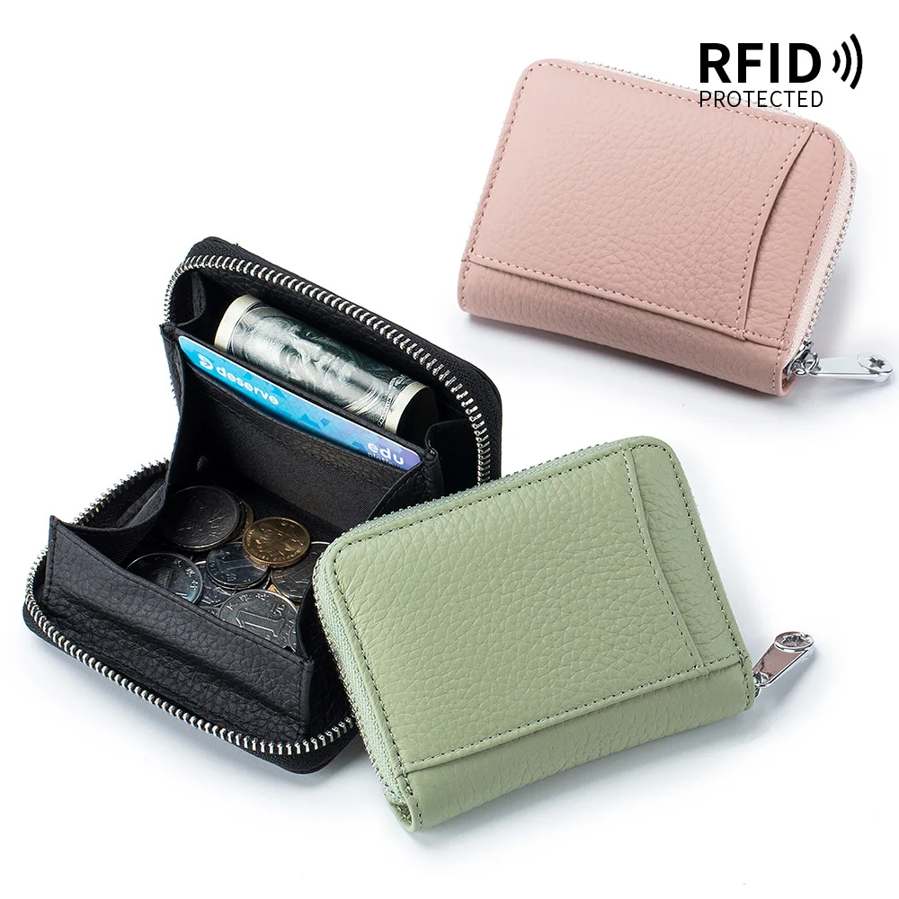 New Genuine Leather Coin Purse Men Small Change Pocket RFID Blocking Business Card Holder Women Elegant Mini Wallet Money Bag