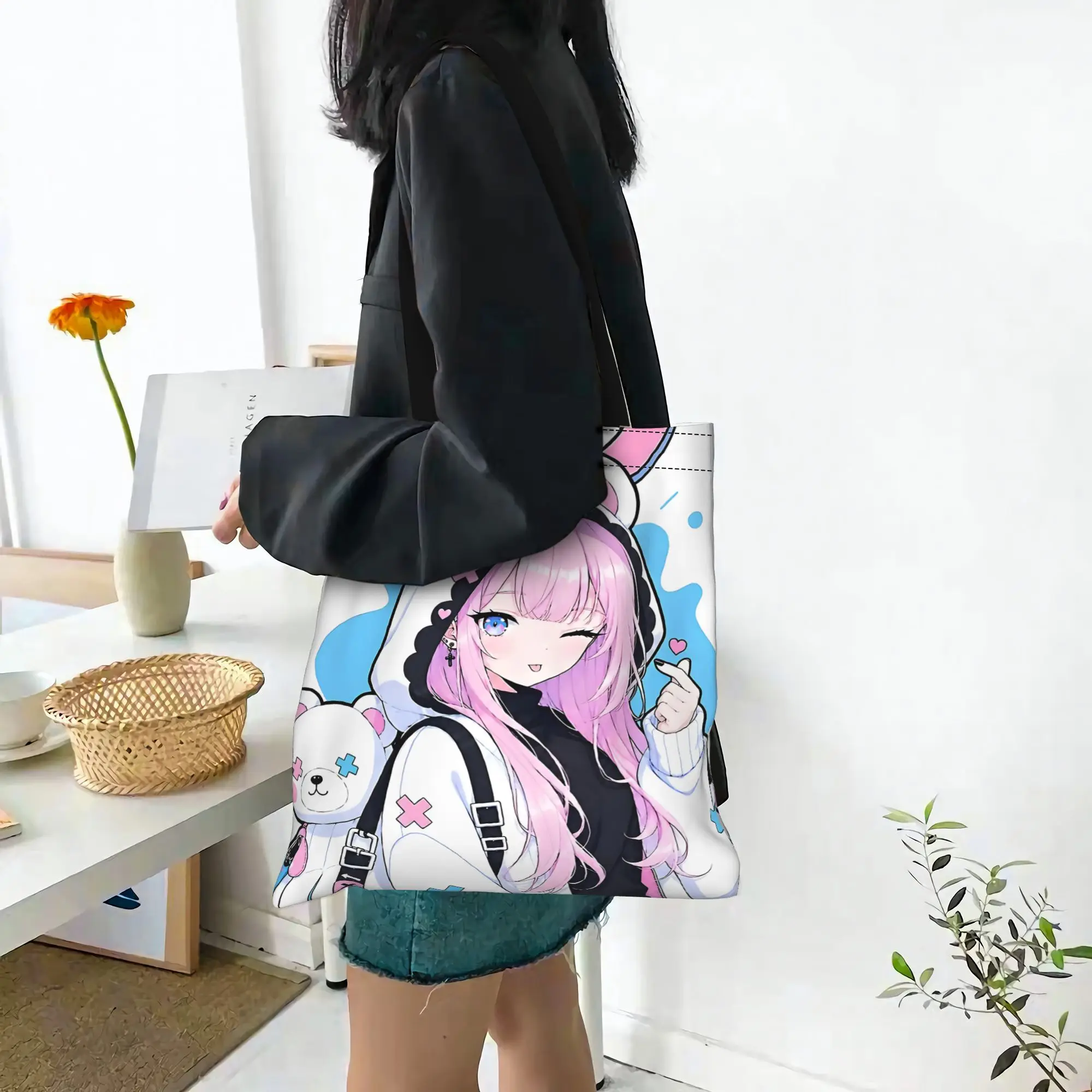 Customized Cute Pastel Anime Girl  Kawaii Streetwear Women's Bag Campus Handbag Large Capacity  Canvas Tote Bag Foldable Chic
