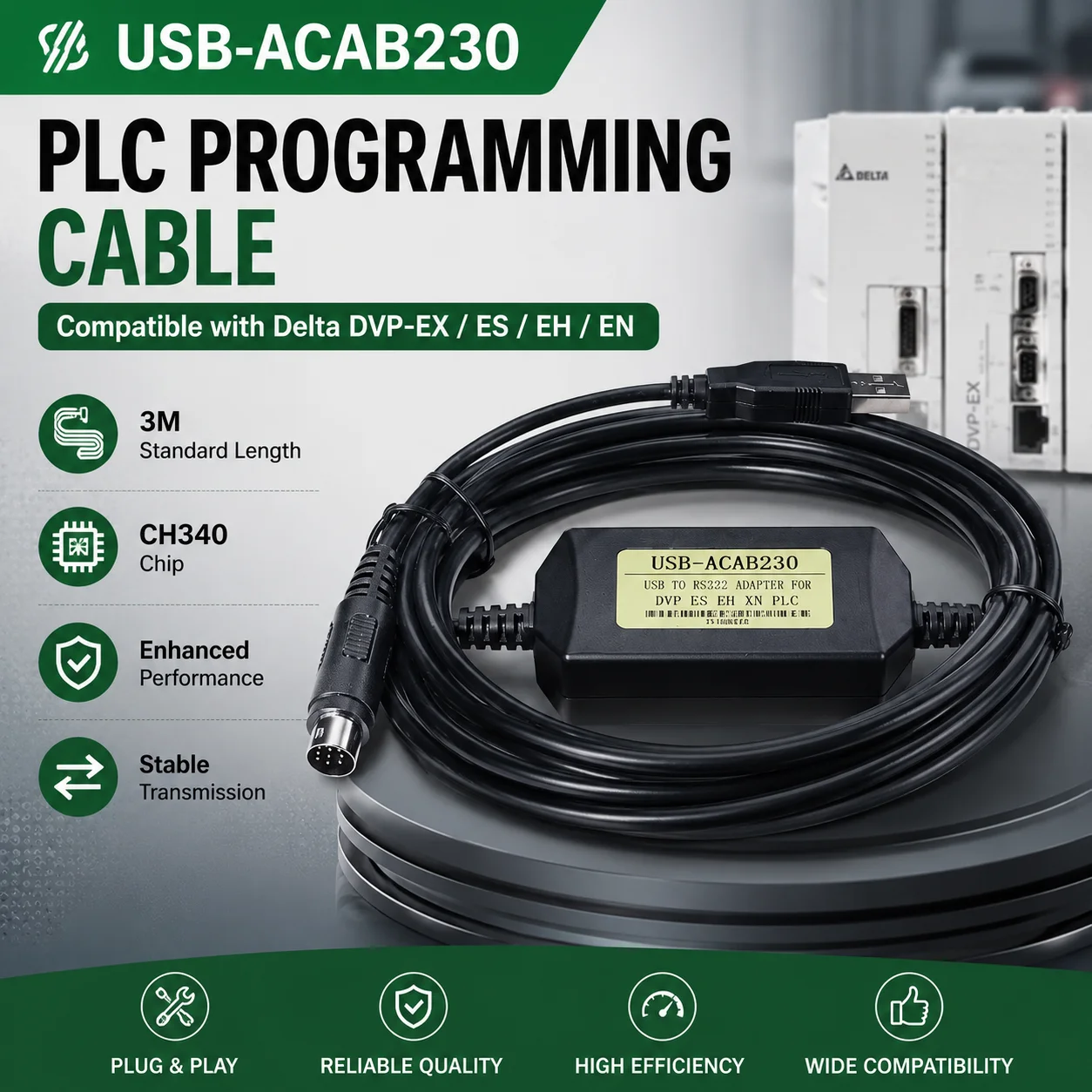 USB-ACAB230 3M PLC Programming Cable, USB to RS232 Download Lead with CH340 Chip for Delta DVP-EX ES EH EN Series