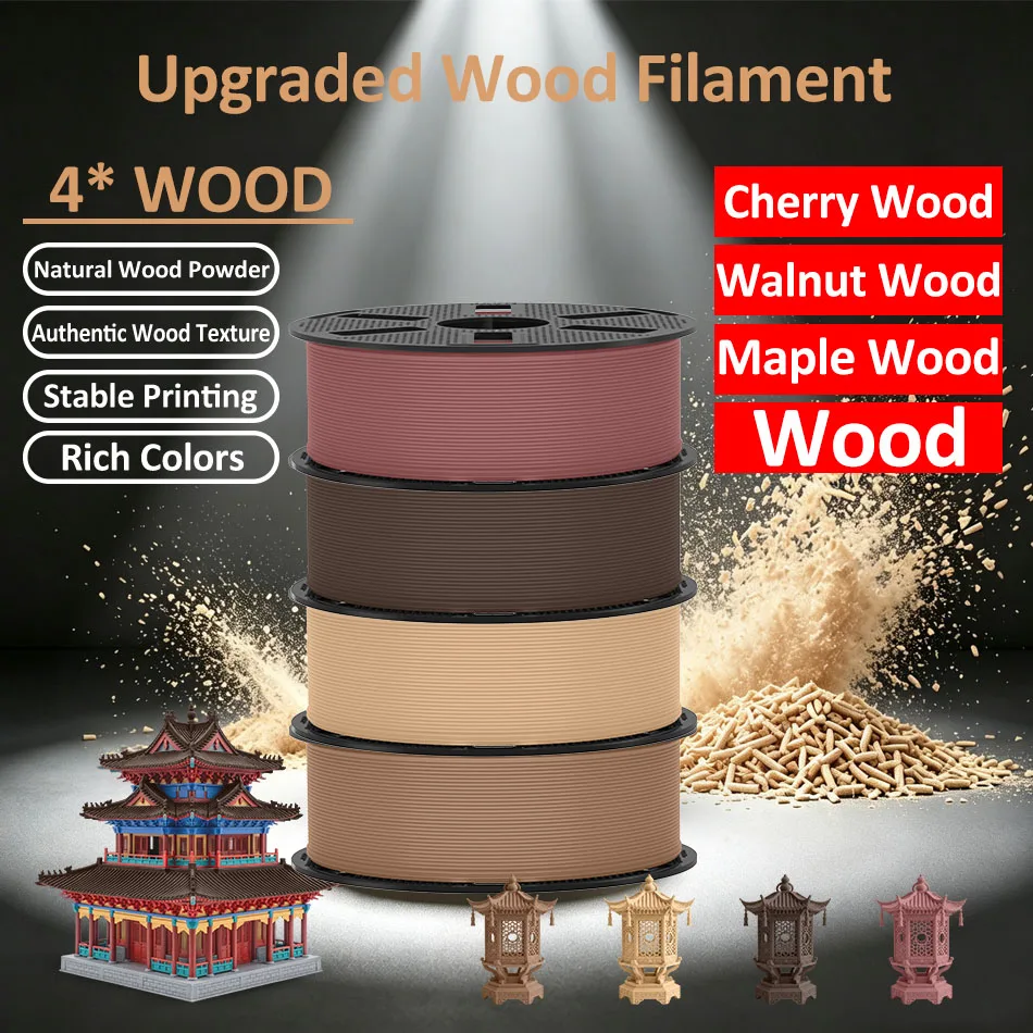 Filamento per stampante 3D JAYO Wood 1,75 mm, 4 rotoli, filamento 3D in vera fibra di legno per stampanti 3D FDM, 10% fibre di legno, materiale per stampa 3D