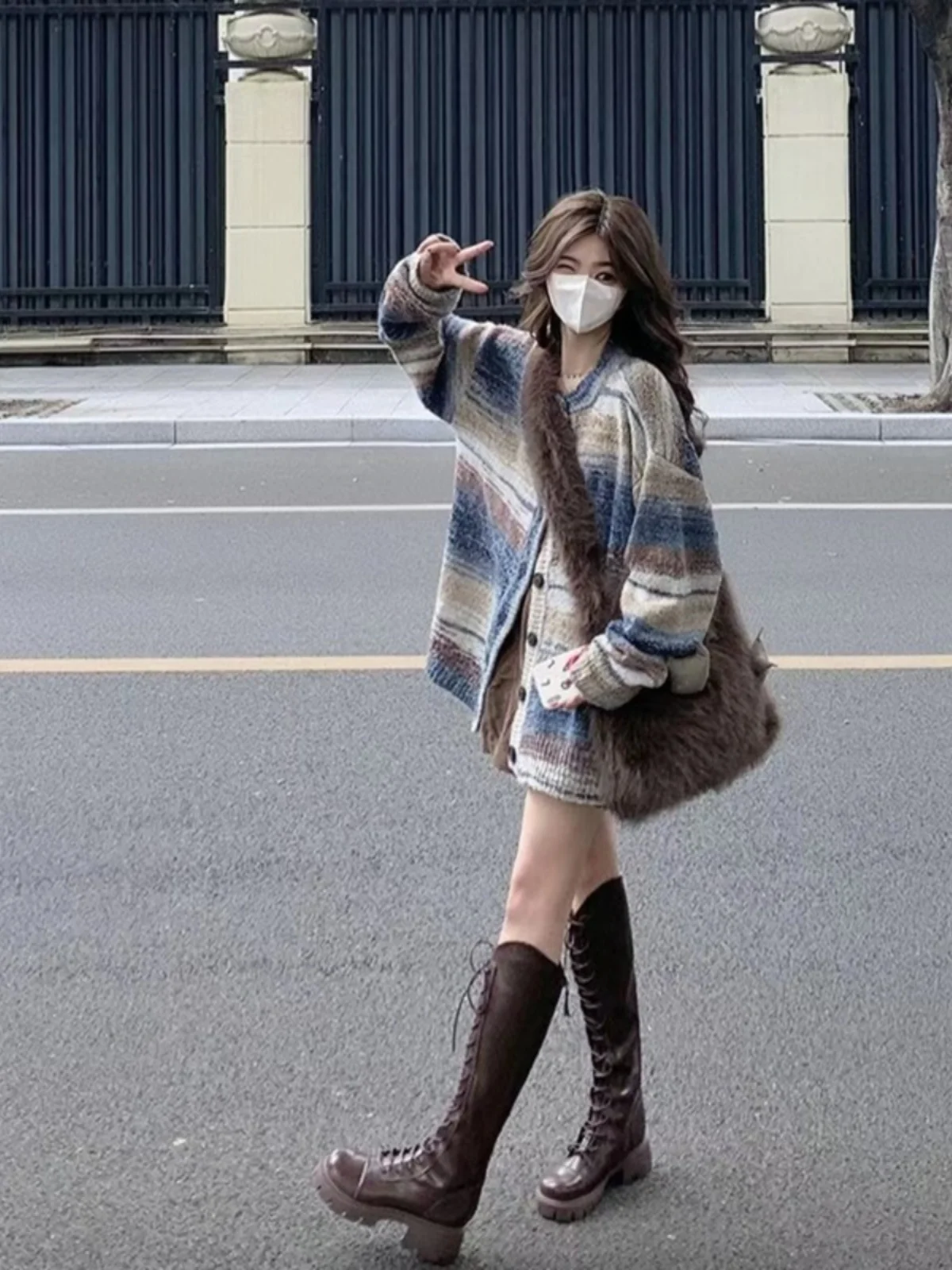   스트라이프 니트 스웨터 여성용 루즈 빈티지 레이지 슬레 카디건 아우터웨어 봄 가을 신상품 폴리에스터 섬유